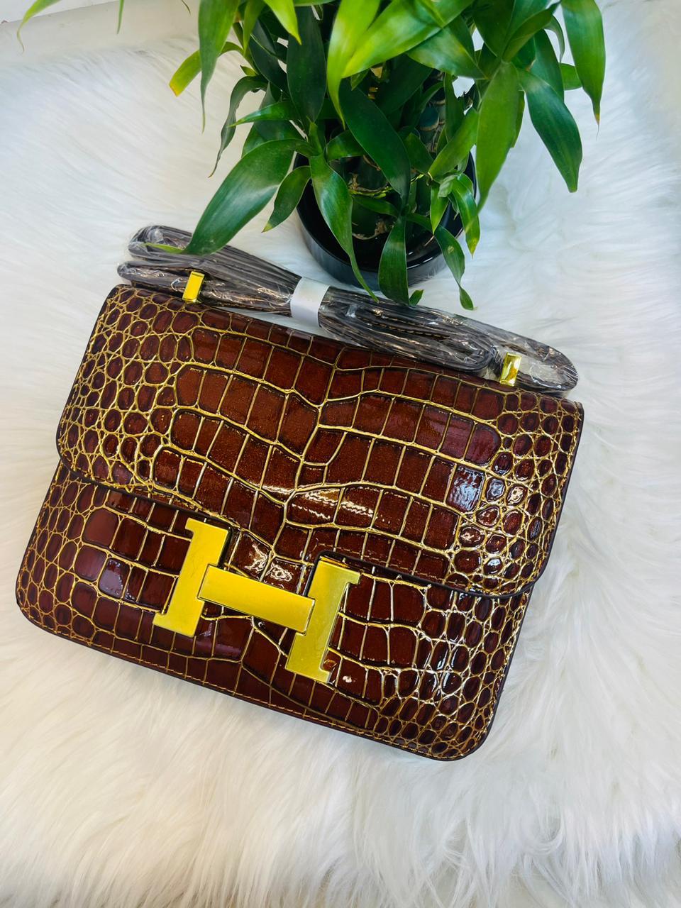HERMES - Gold "H" Logo Crocodile Exotic Leather for Womens Bag  - UAE